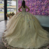 Off-Shoulder Ball Gown with 3D Floral Applique & Beaded Tulle Perfect for Quinceanera & Sweet 16 Celebrations